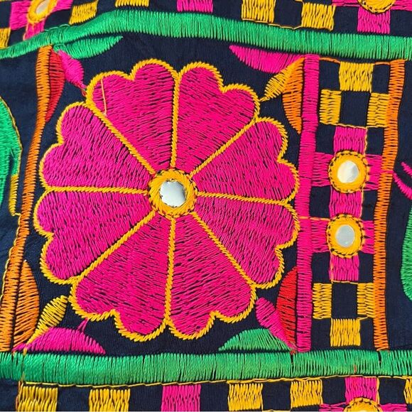 Multicolored Tote with Floral Elephant Motifs from India,decorative bead handle - Picture 5 of 13